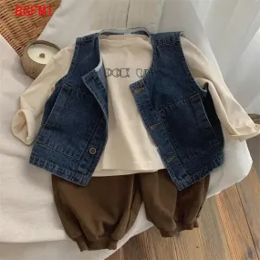 2024 Korean 2-7 Year Spring Children Boys Denim Vest Sleeveless Single Breasted V Neck Kid Boys Coat Cotton Thin Baby Boys Vest