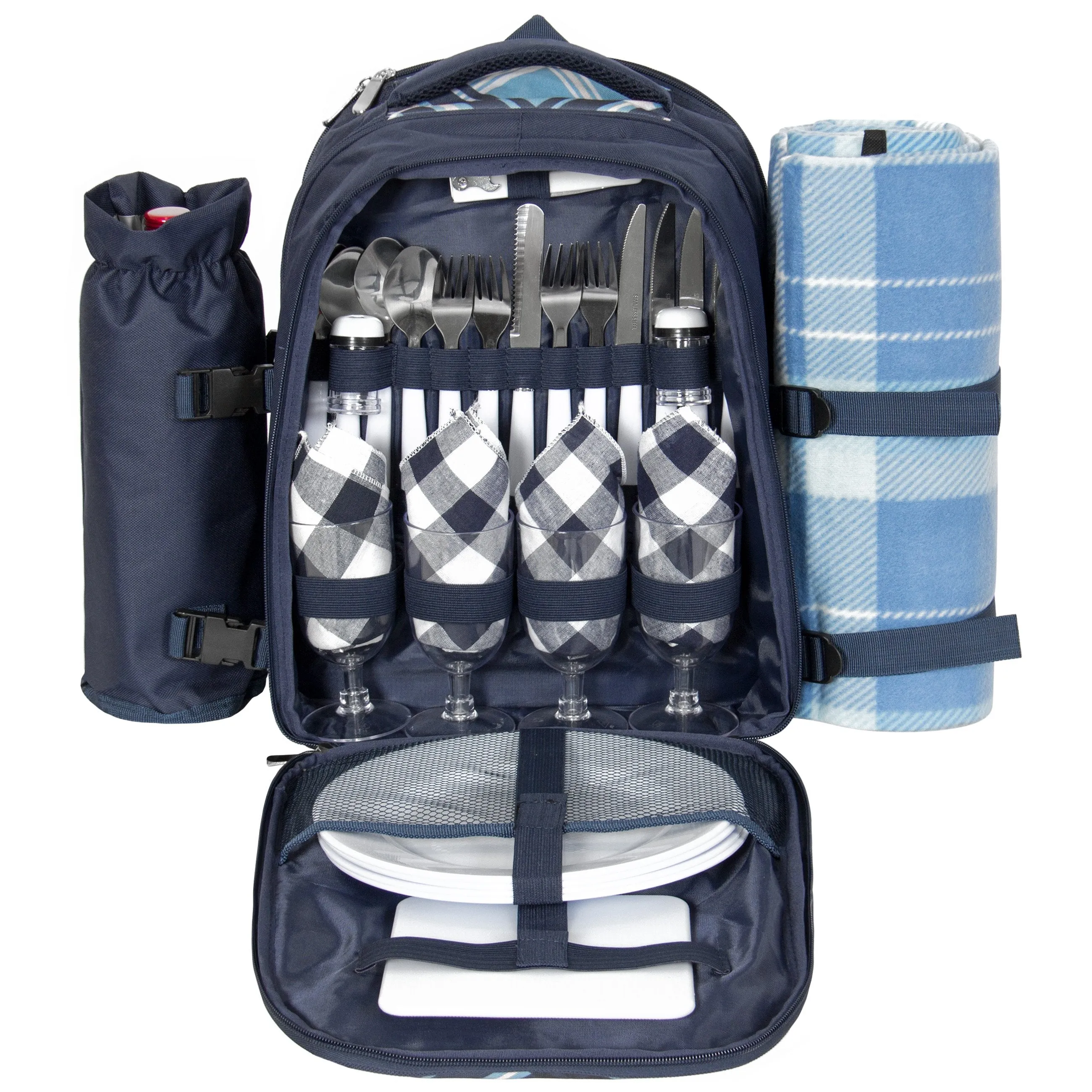 4-Person Insulated Picnic Bag Set w/ Blanket, Flatware, Plates, Glasses