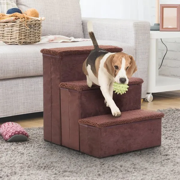 41x19 Cm. 3 Step Pet Stairs Portable Mobility Assistance W/ Washable Cover - Brown