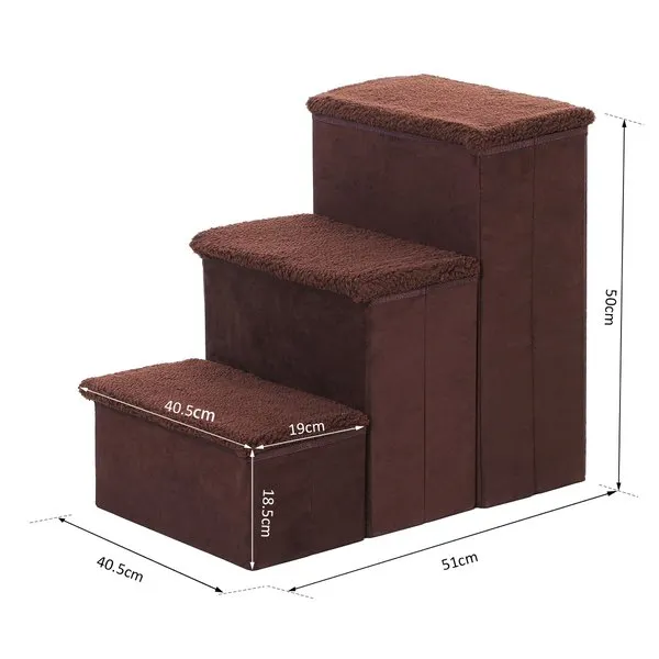 41x19 Cm. 3 Step Pet Stairs Portable Mobility Assistance W/ Washable Cover - Brown