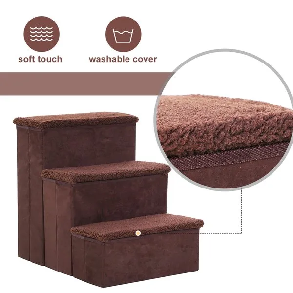 41x19 Cm. 3 Step Pet Stairs Portable Mobility Assistance W/ Washable Cover - Brown