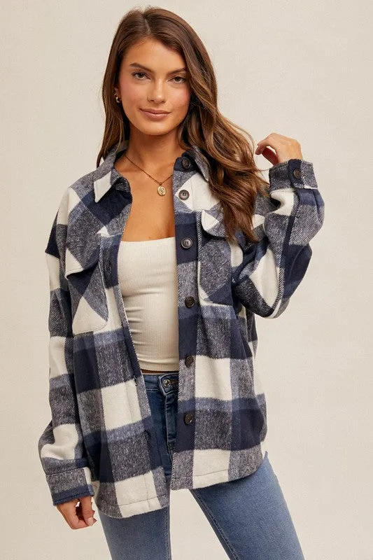 5741 Brushed Plaid Button Down Shacket in Navy