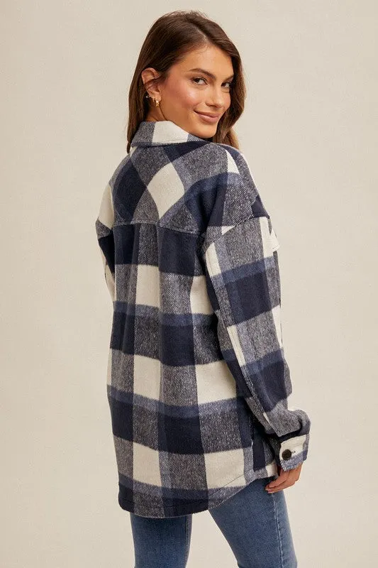 5741 Brushed Plaid Button Down Shacket in Navy