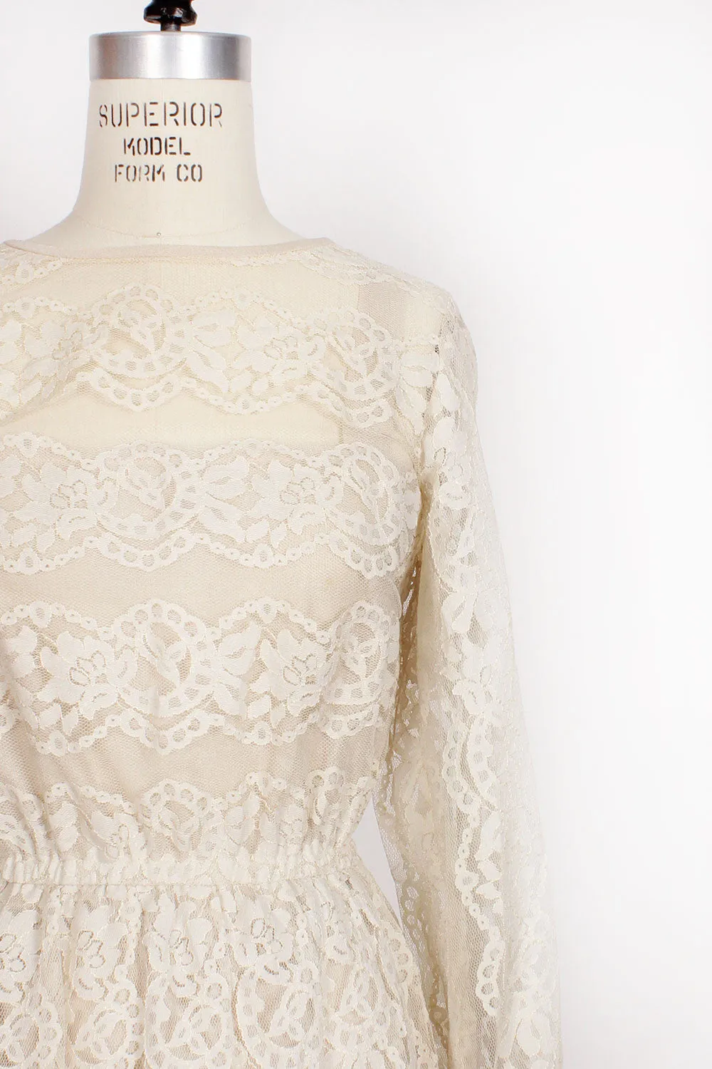 70s Ivory Lace Maxi Dress S/M