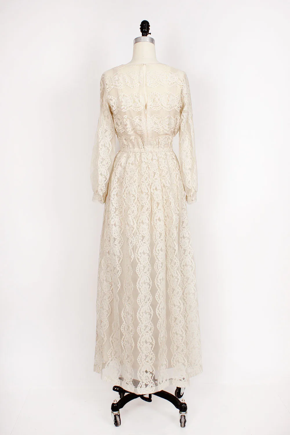 70s Ivory Lace Maxi Dress S/M