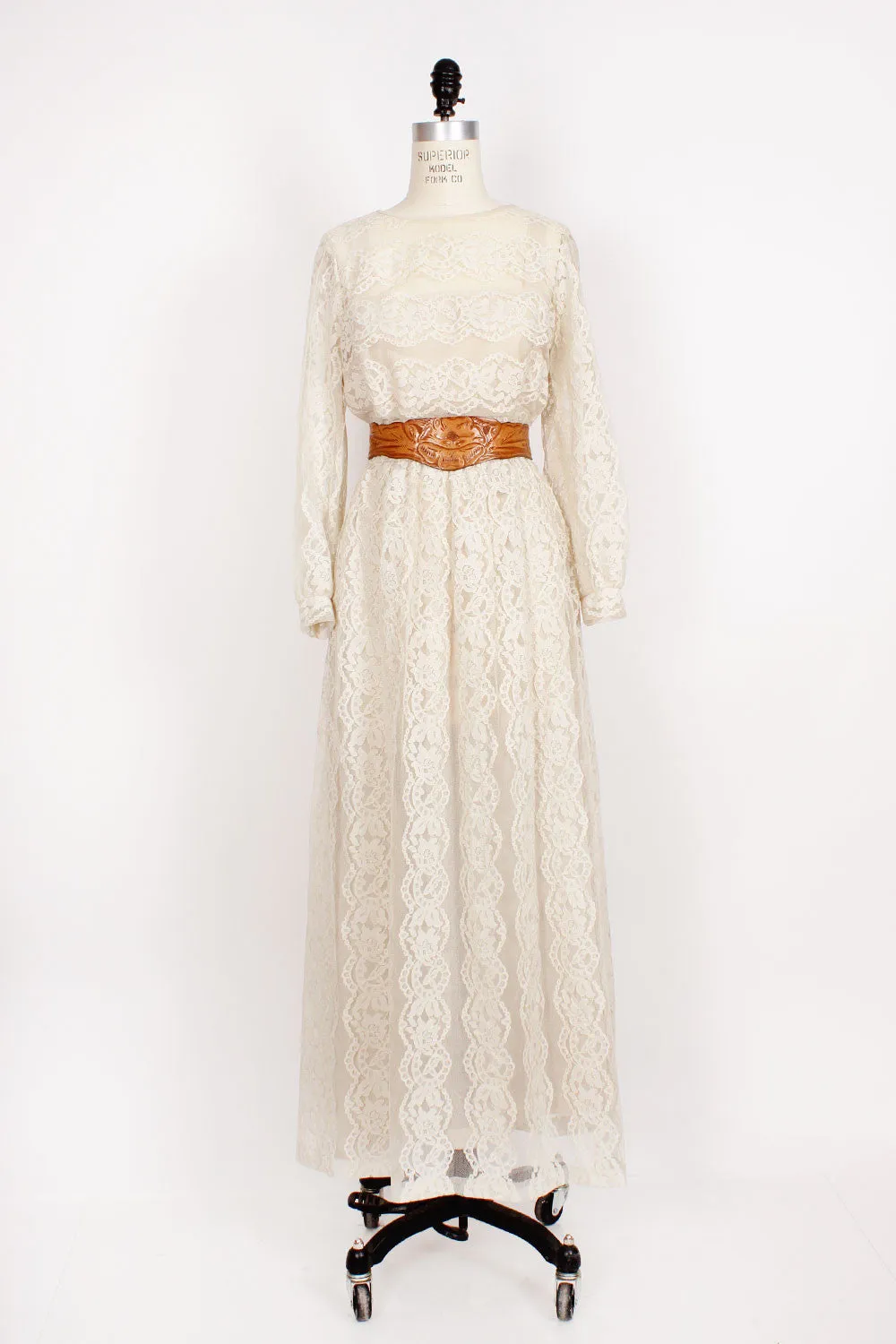 70s Ivory Lace Maxi Dress S/M