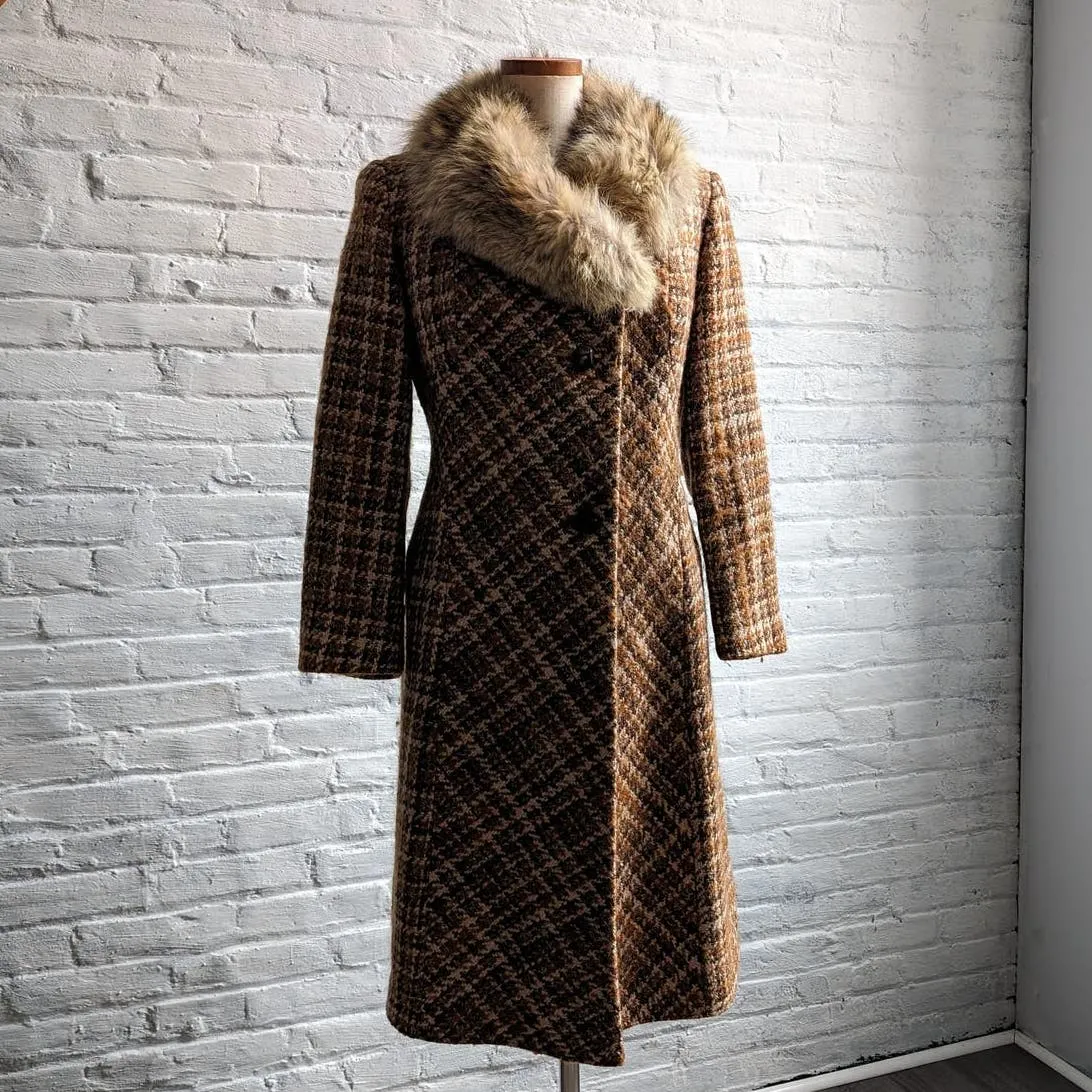 70s Vintage Penny Lane Wool Fur Coat Groovy Plaid Minimal Trench Afghan Jacket