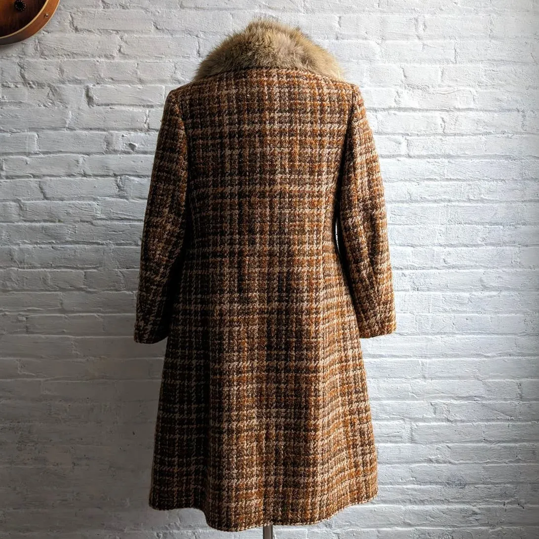 70s Vintage Penny Lane Wool Fur Coat Groovy Plaid Minimal Trench Afghan Jacket