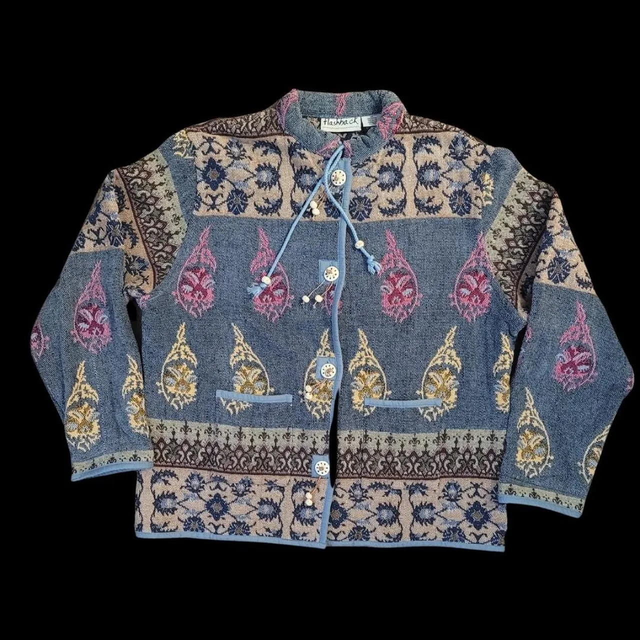 90's Vintage Flashback Blue and Beige Flame Tapestry Jacket