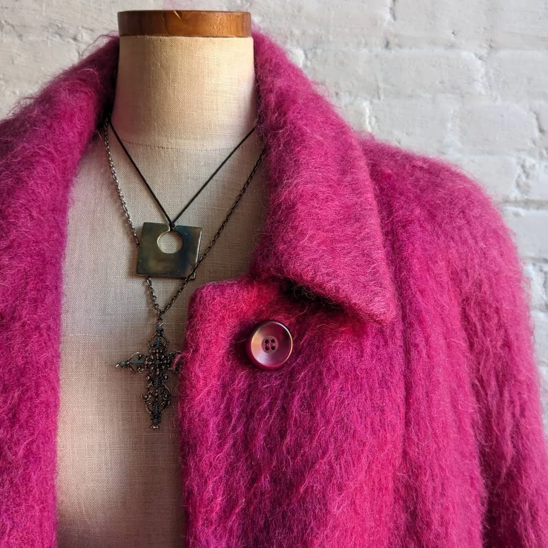 90s Vintage Hot Pink Fuzzy Mohair Wool Trench Coat Funky Shaggy Furry Jacket