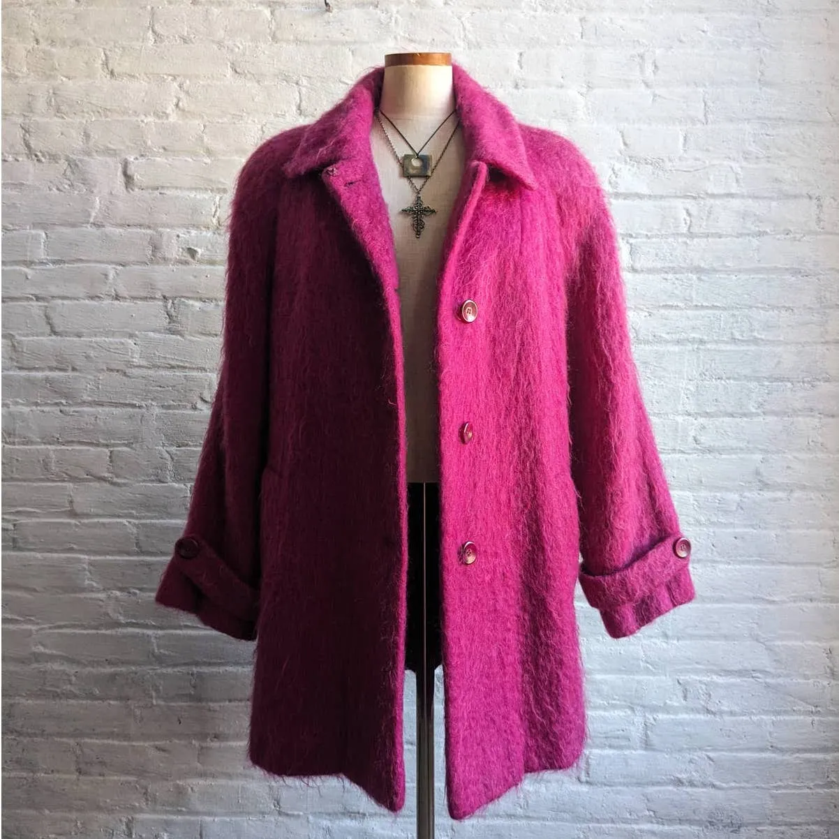 90s Vintage Hot Pink Fuzzy Mohair Wool Trench Coat Funky Shaggy Furry Jacket