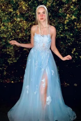 A Line Open Back Light Blue Lace Long Prom Dress with High Slit, Light Blue Lace Formal Graduation Evening Dress A2013