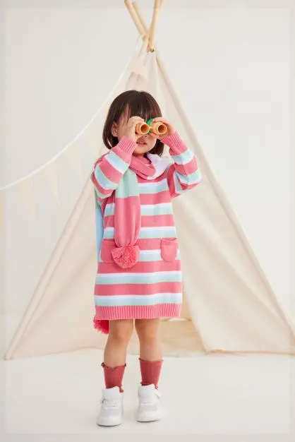 A-Line Striped Knit Dress - Tea Rose