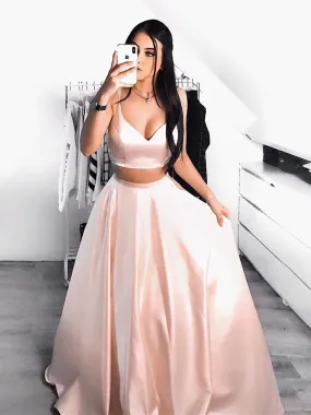 A Line V Neck Two Pieces Pink Satin Long Prom, Two Pieces Pink Formal, Pink Evening Party