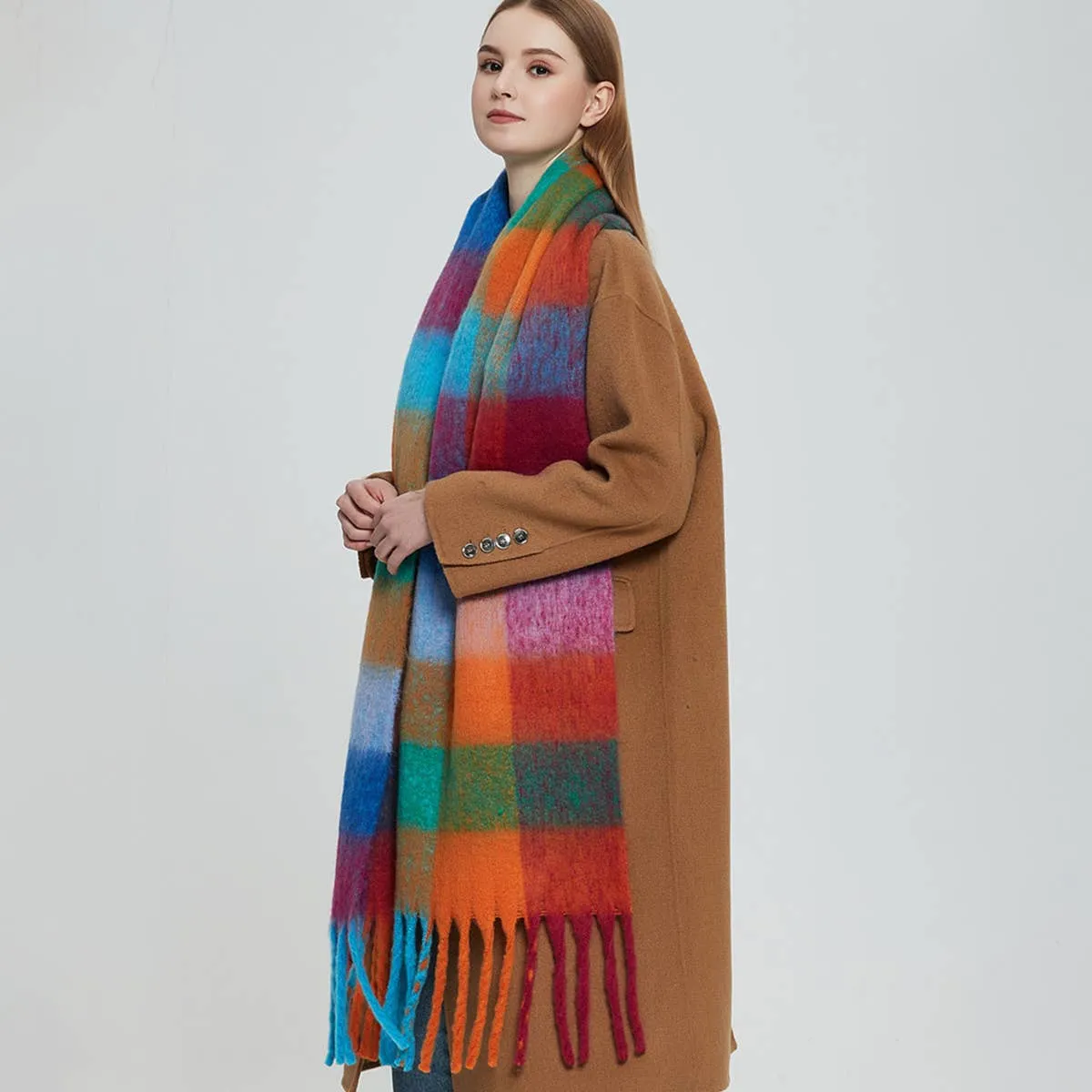 Accity | PLAID PATTERN FRINGE TRIM WINTER SCARF: PINK/YELLOW