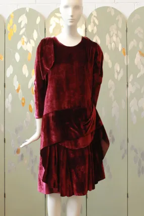 Antique 1920s Burgundy Velvet Dress with Bow and Ruffle, XS, Flapper Winter Dress, Red Wine Dress, Wounded Bird