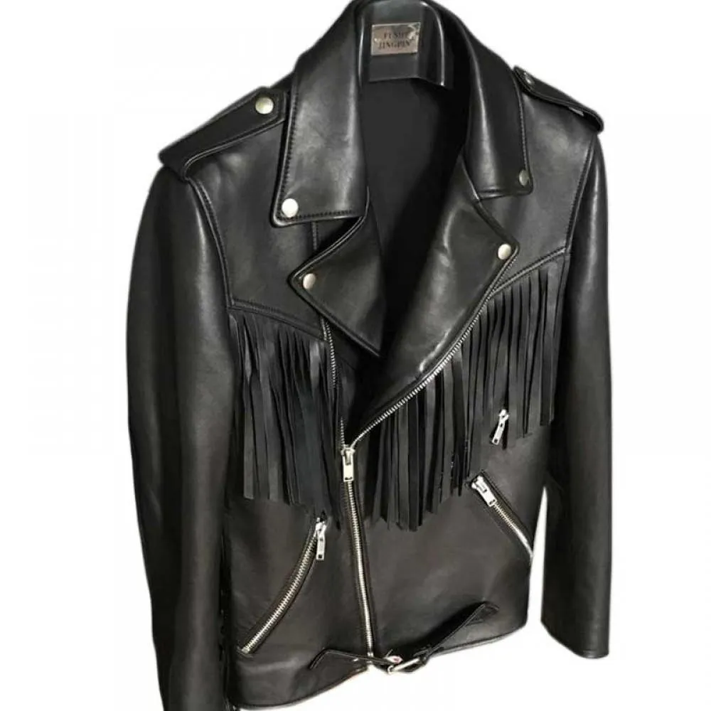 Asymmetrical Black Leather Fringe Jacket