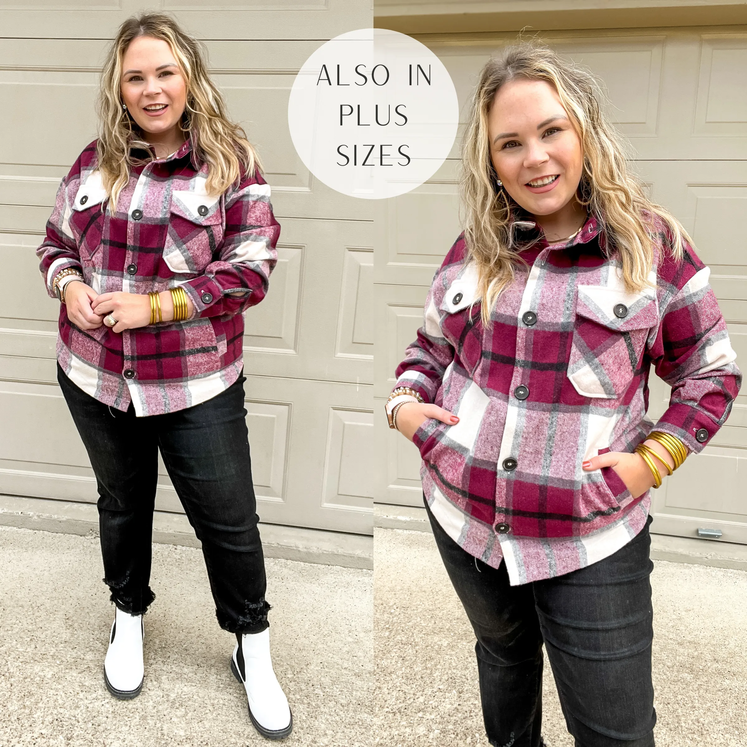 Autumn Air Plaid Button Up Shacket in Plum