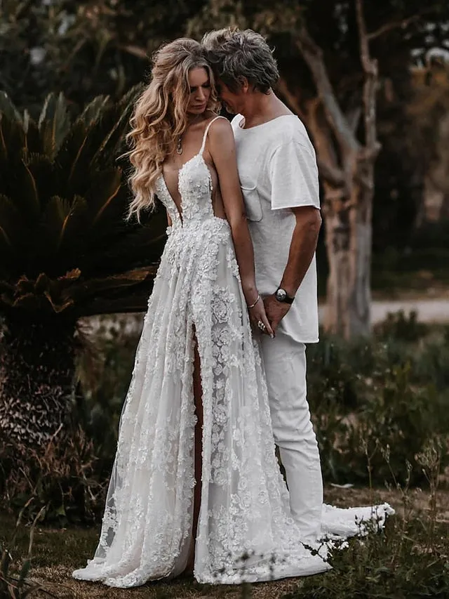 Beach Sexy Boho Wedding Dresses A-Line Sweetheart Camisole Spaghetti Strap Court Train Lace Bridal Gowns With Appliques Split Front 2023 Summer Wedding Party, Women's Clothing