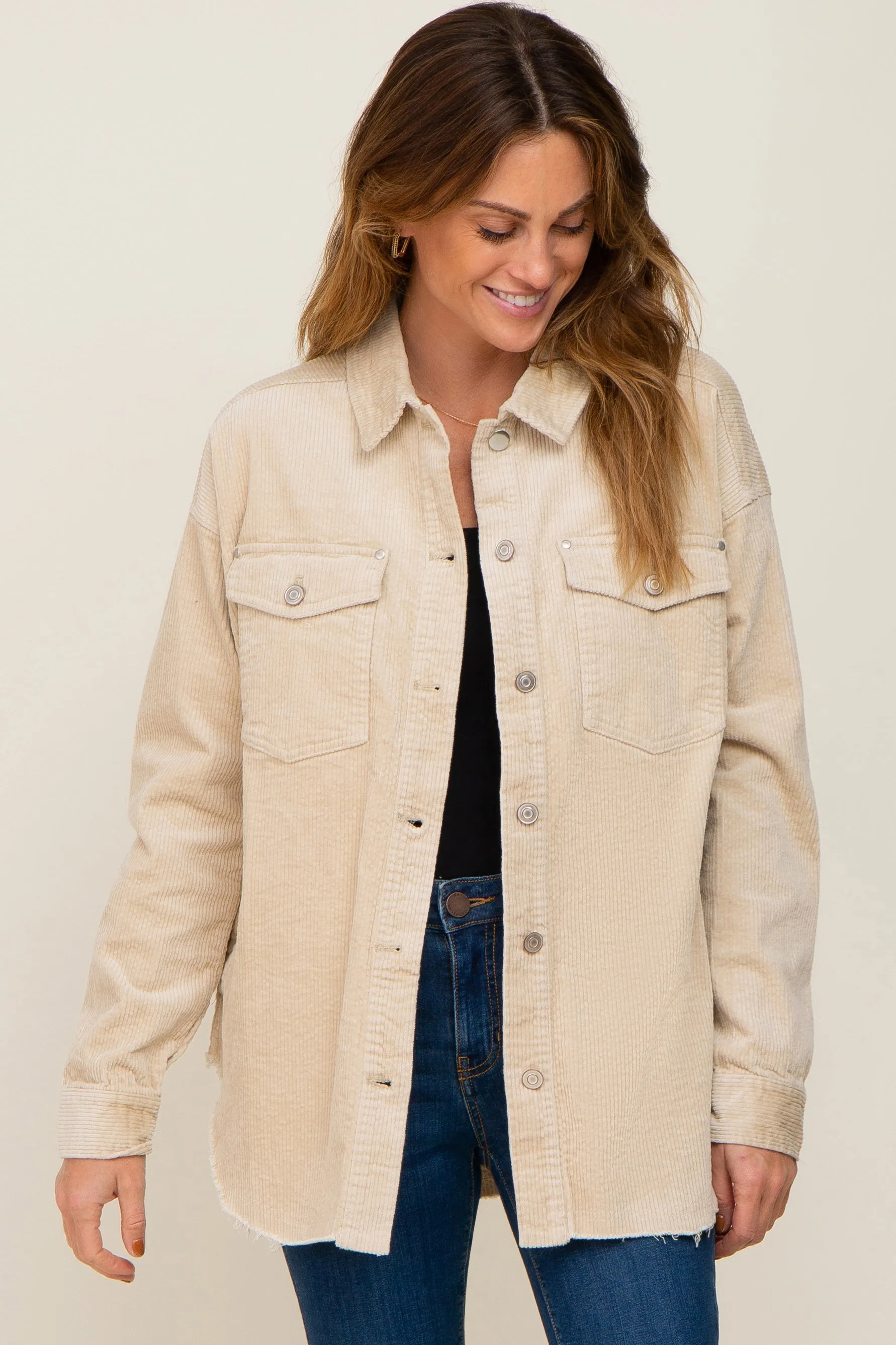 Beige Corduroy Raw Hem Maternity Shacket