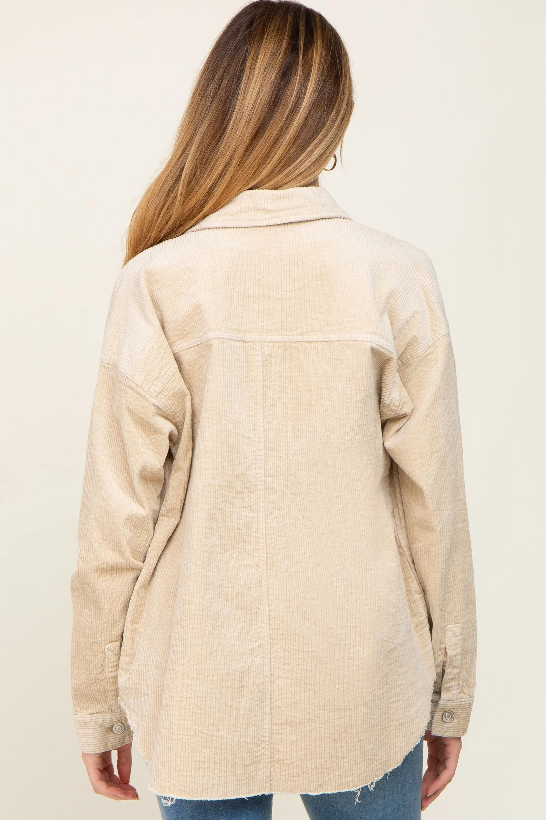 Beige Corduroy Raw Hem Maternity Shacket