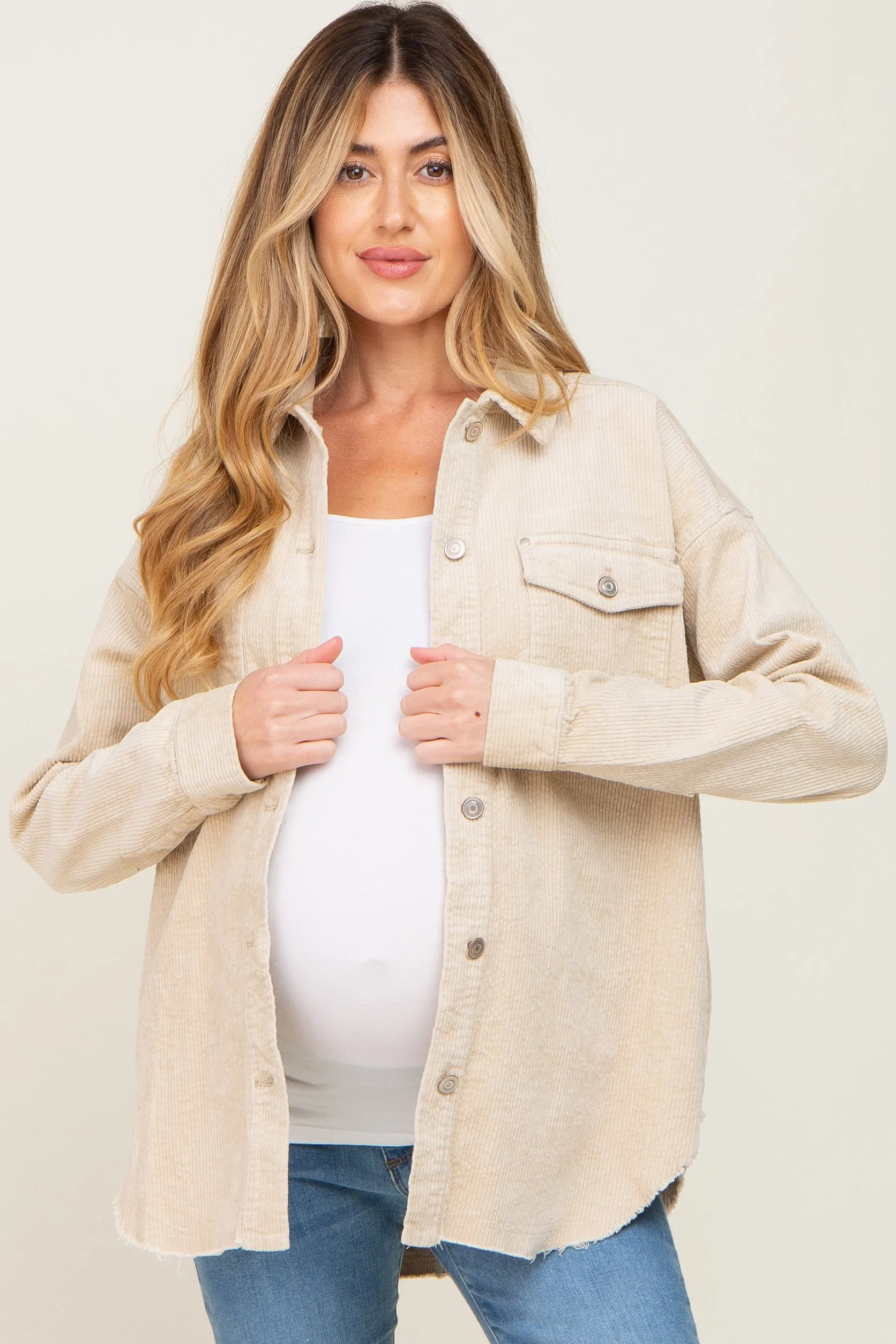 Beige Corduroy Raw Hem Maternity Shacket