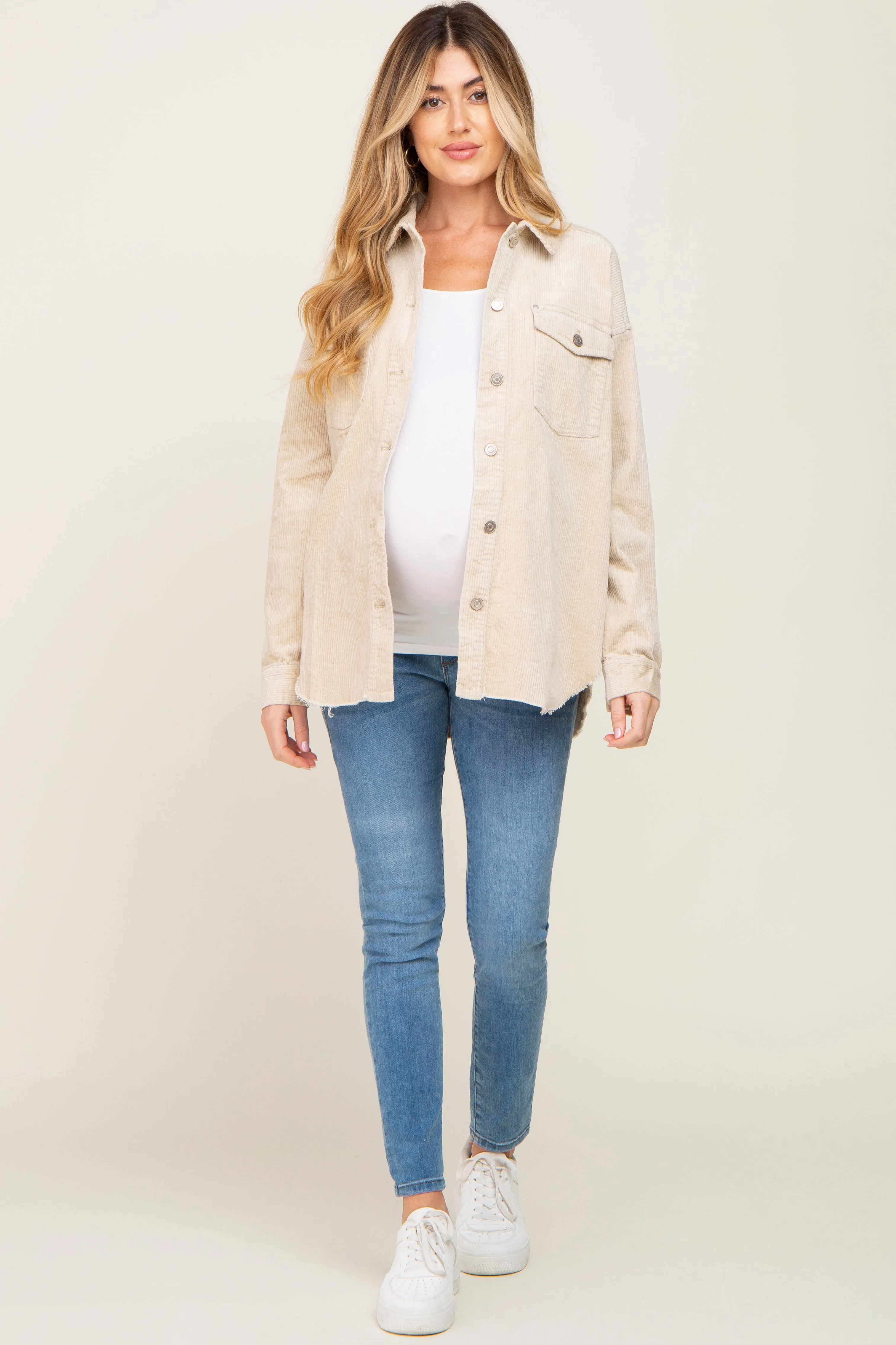 Beige Corduroy Raw Hem Maternity Shacket