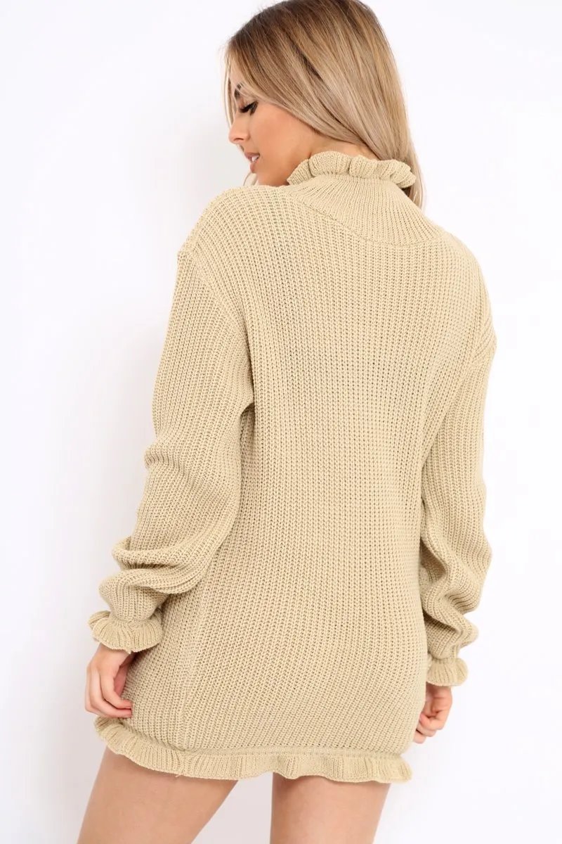 Beige Knitted Ruffle Jumper Dress with Elasticated hems - Velma