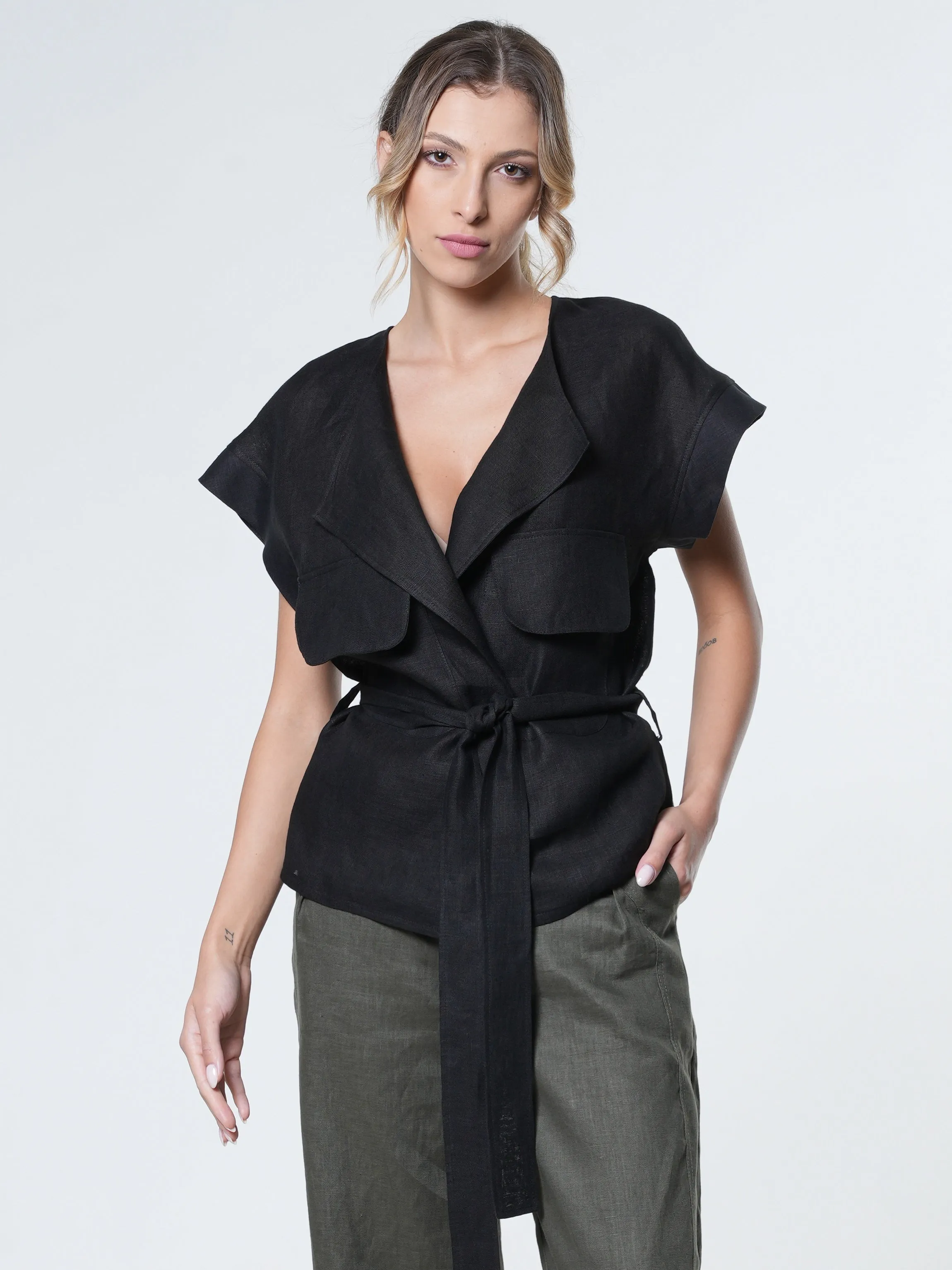 Belted Linen Wrap Top In Khaki