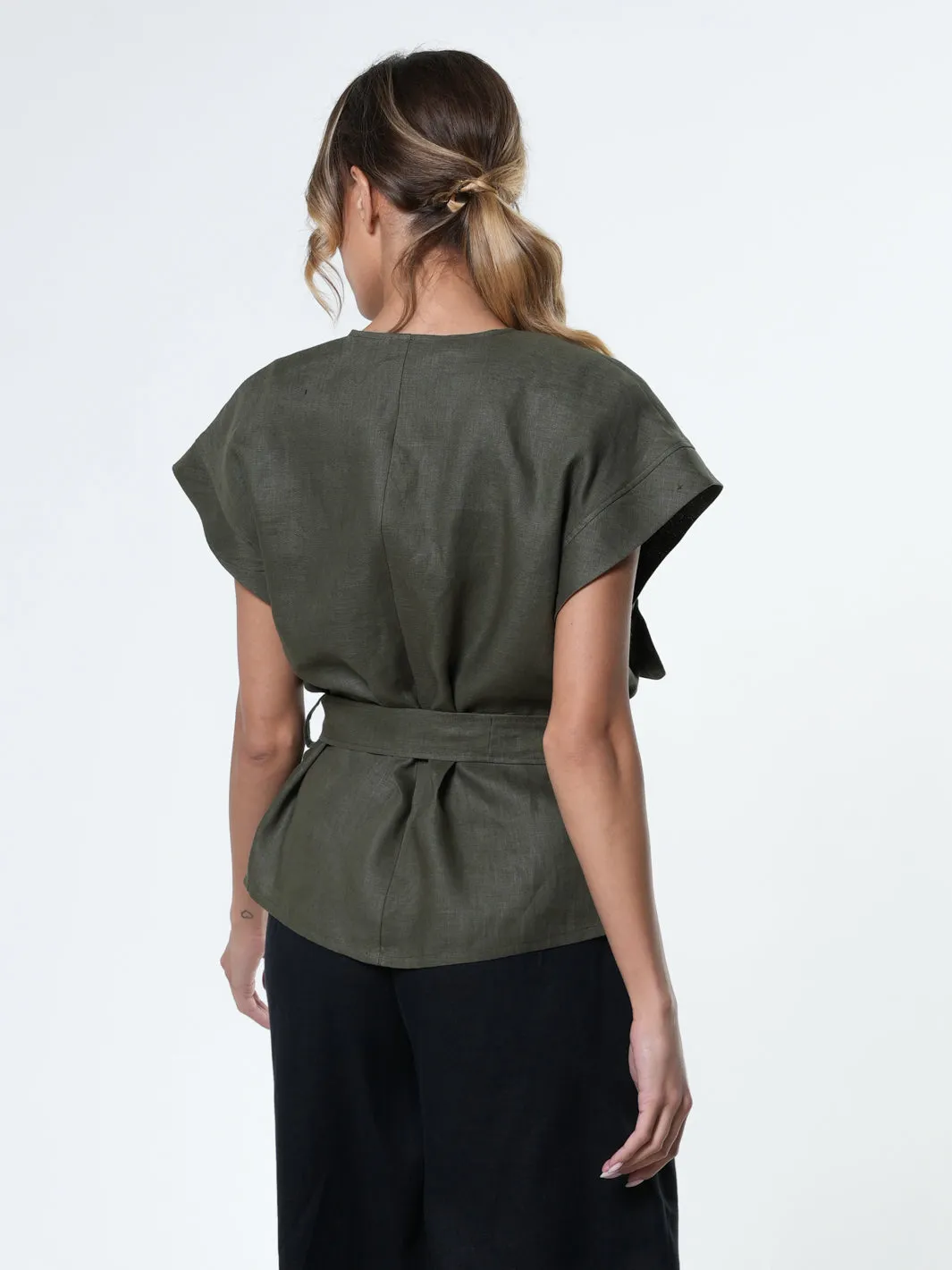 Belted Linen Wrap Top In Khaki