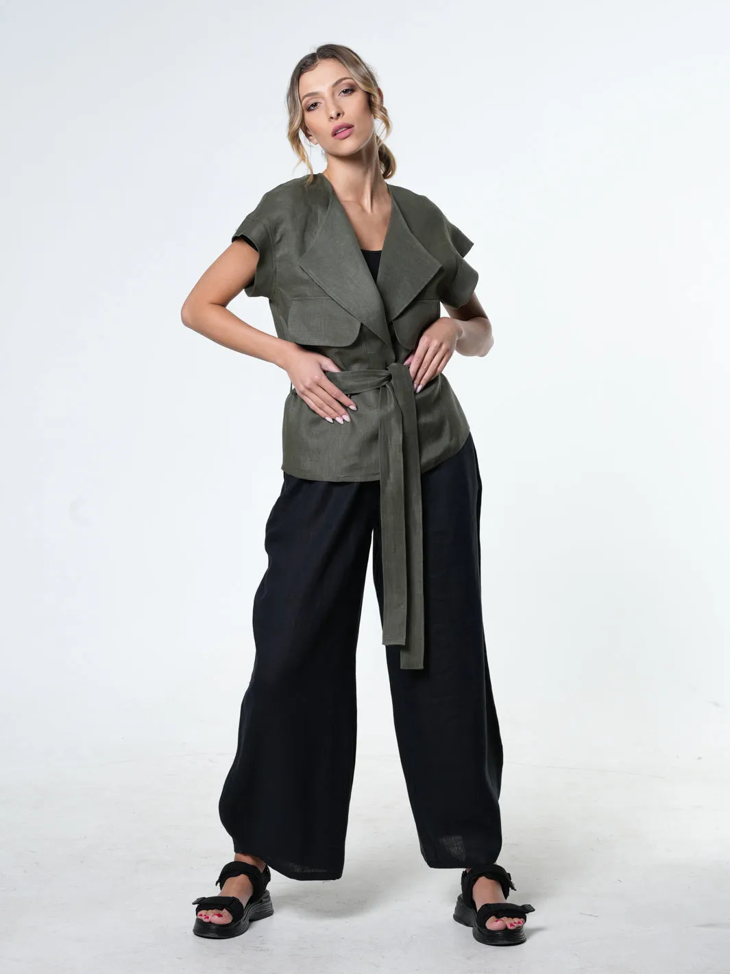 Belted Linen Wrap Top In Khaki