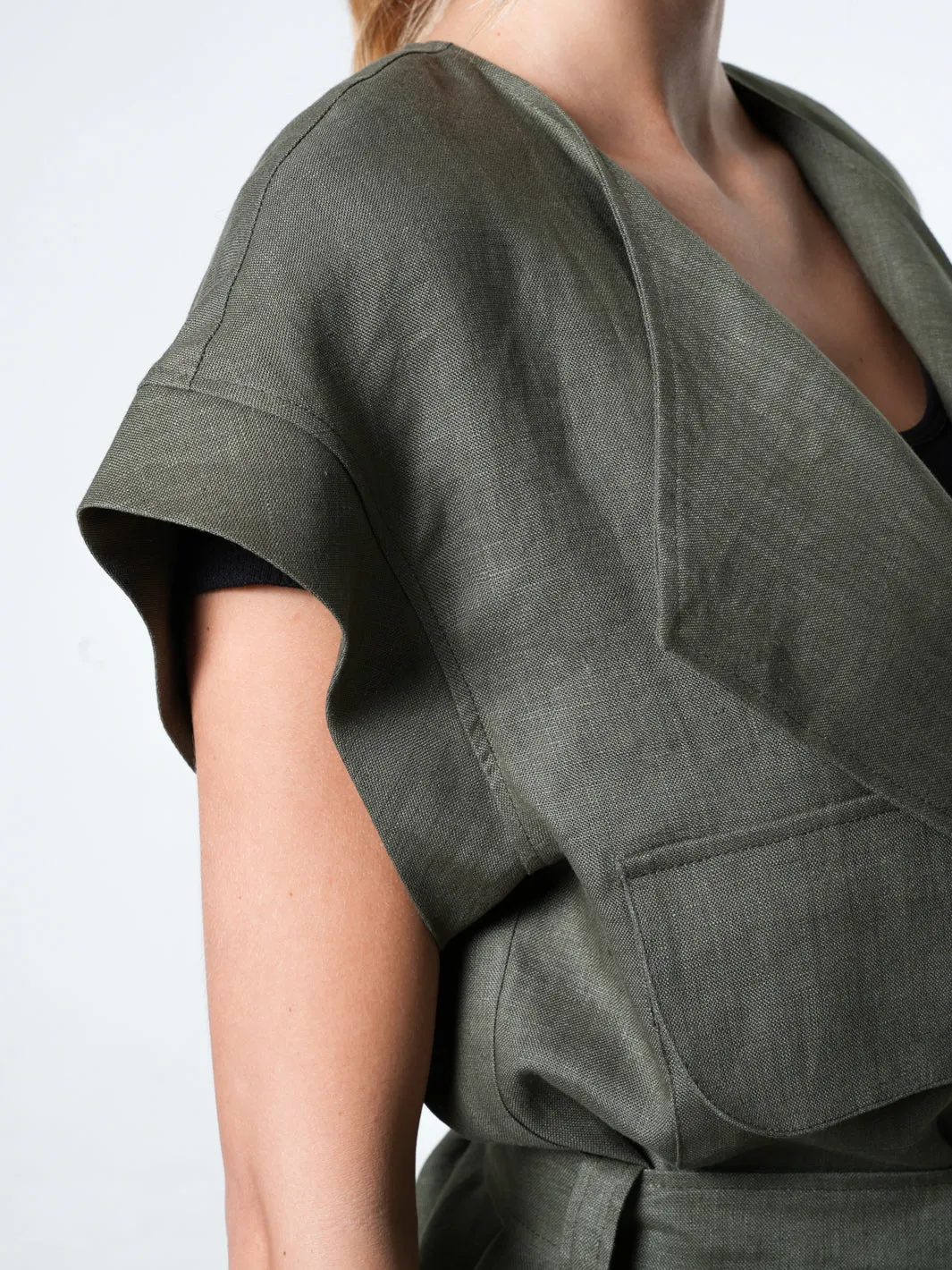 Belted Linen Wrap Top In Khaki