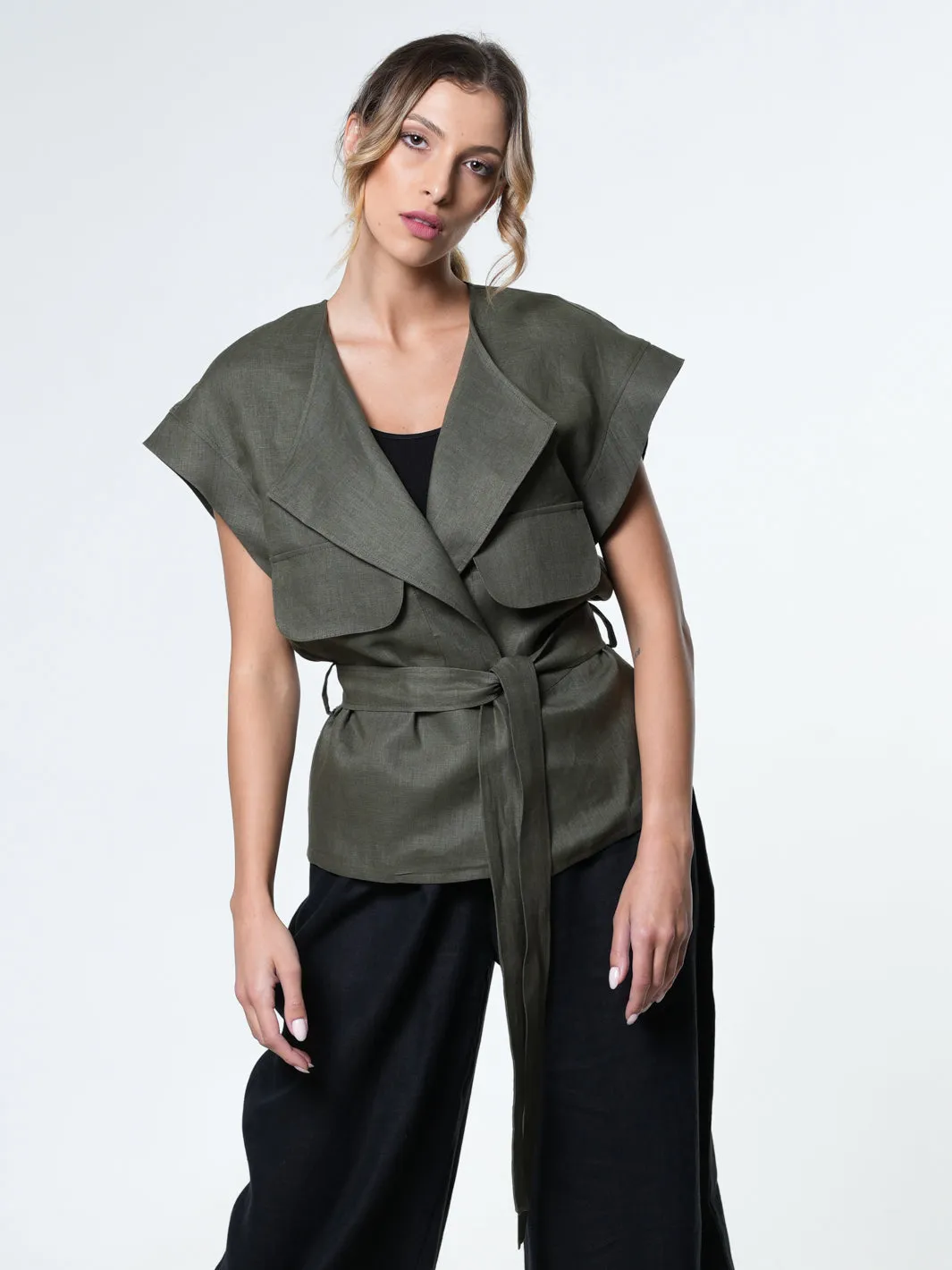 Belted Linen Wrap Top In Khaki