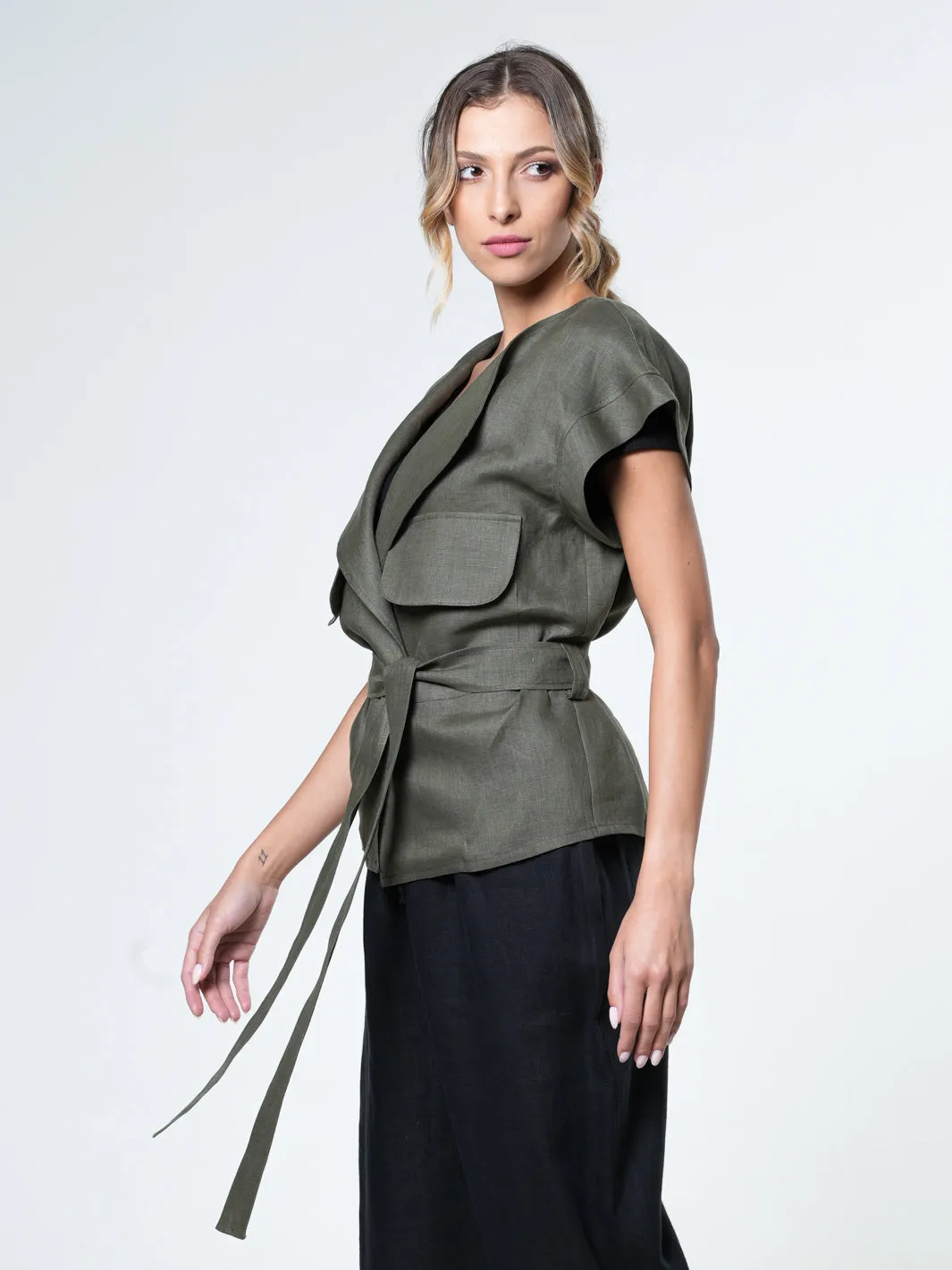 Belted Linen Wrap Top In Khaki