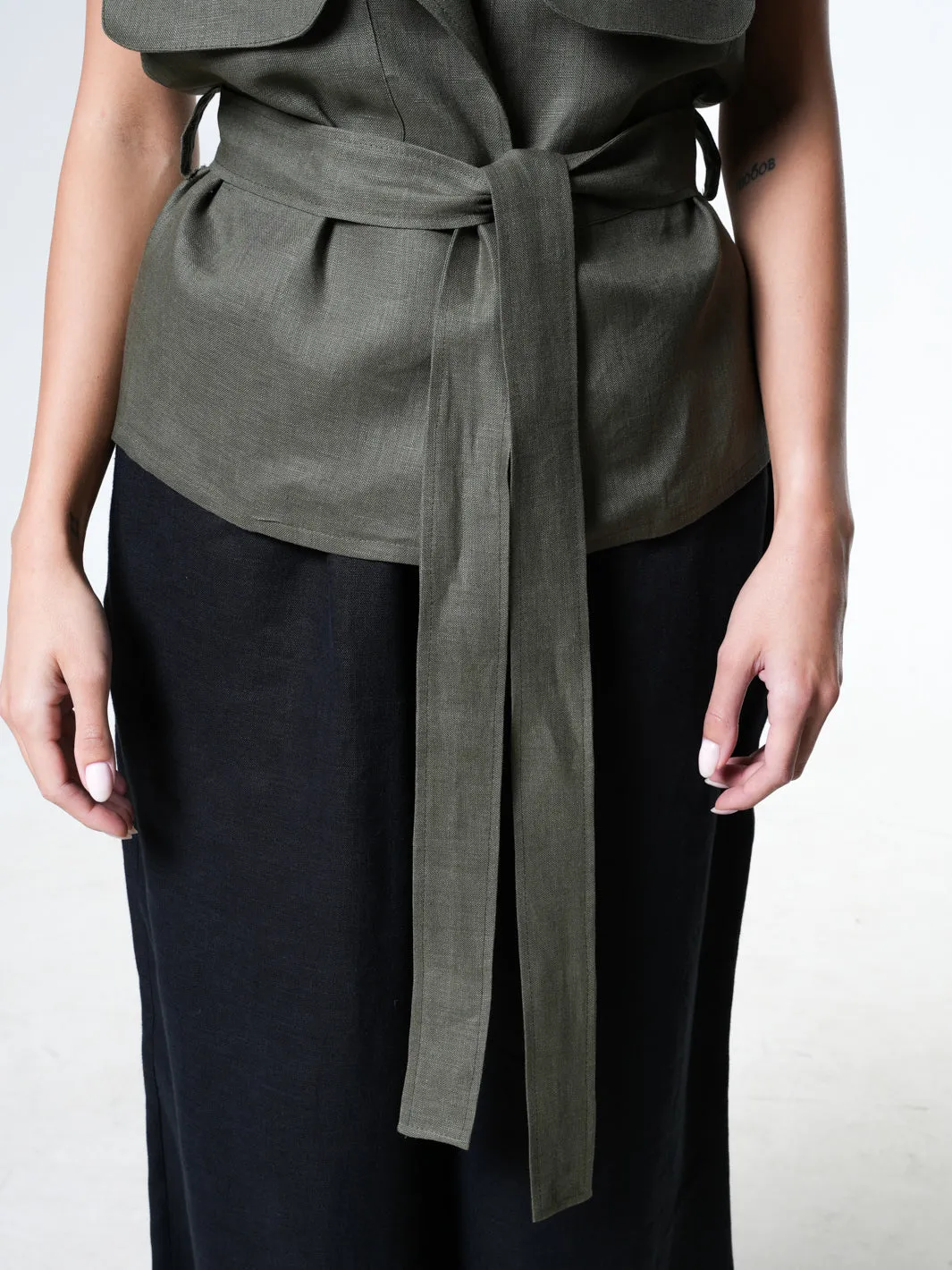 Belted Linen Wrap Top In Khaki