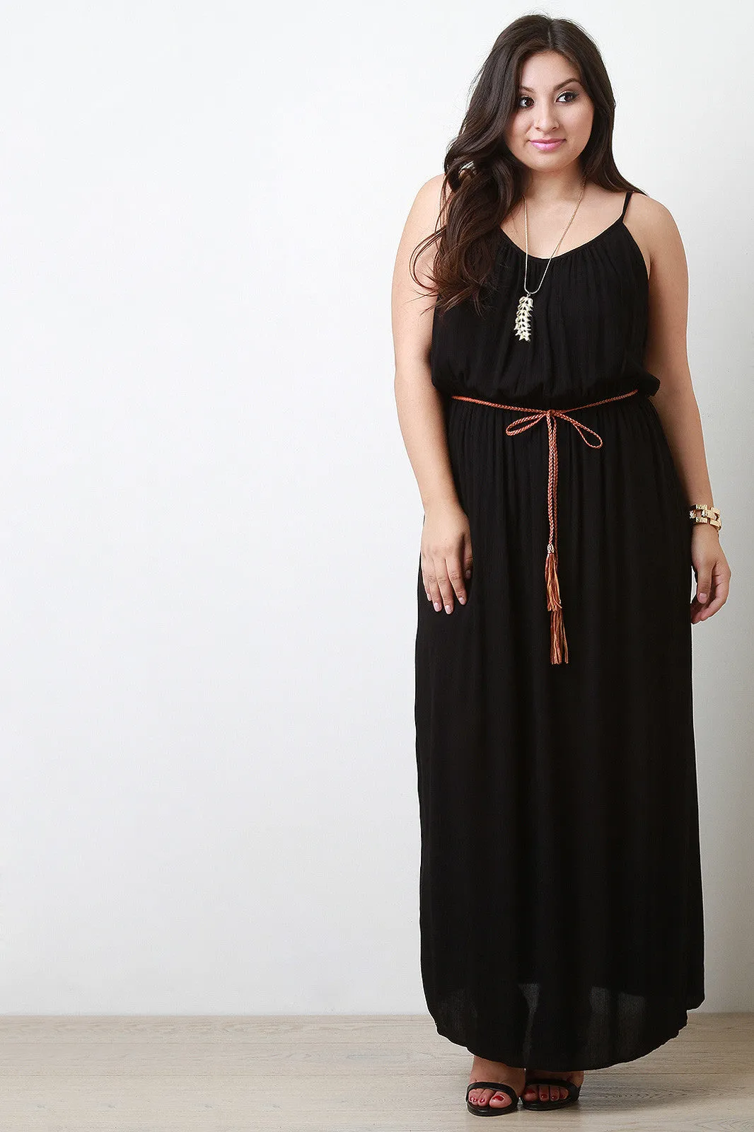 Belted Surplice Back Sleeveless Maxi Dress