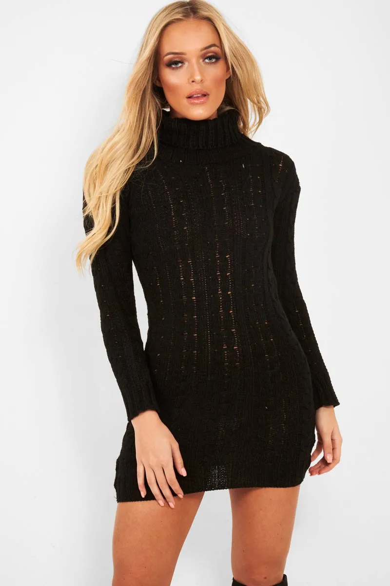 Black Cable Knit Roll Neck Jumper Dress - Matilda