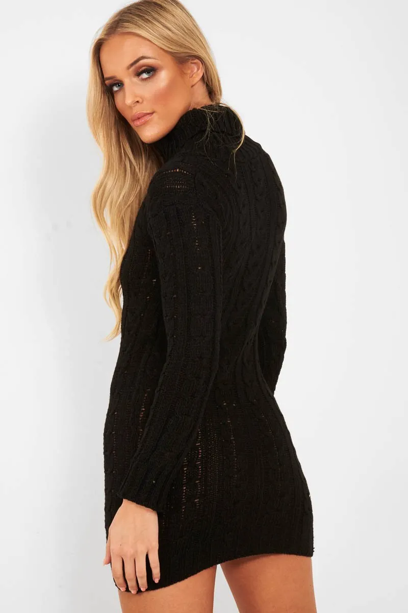 Black Cable Knit Roll Neck Jumper Dress - Matilda