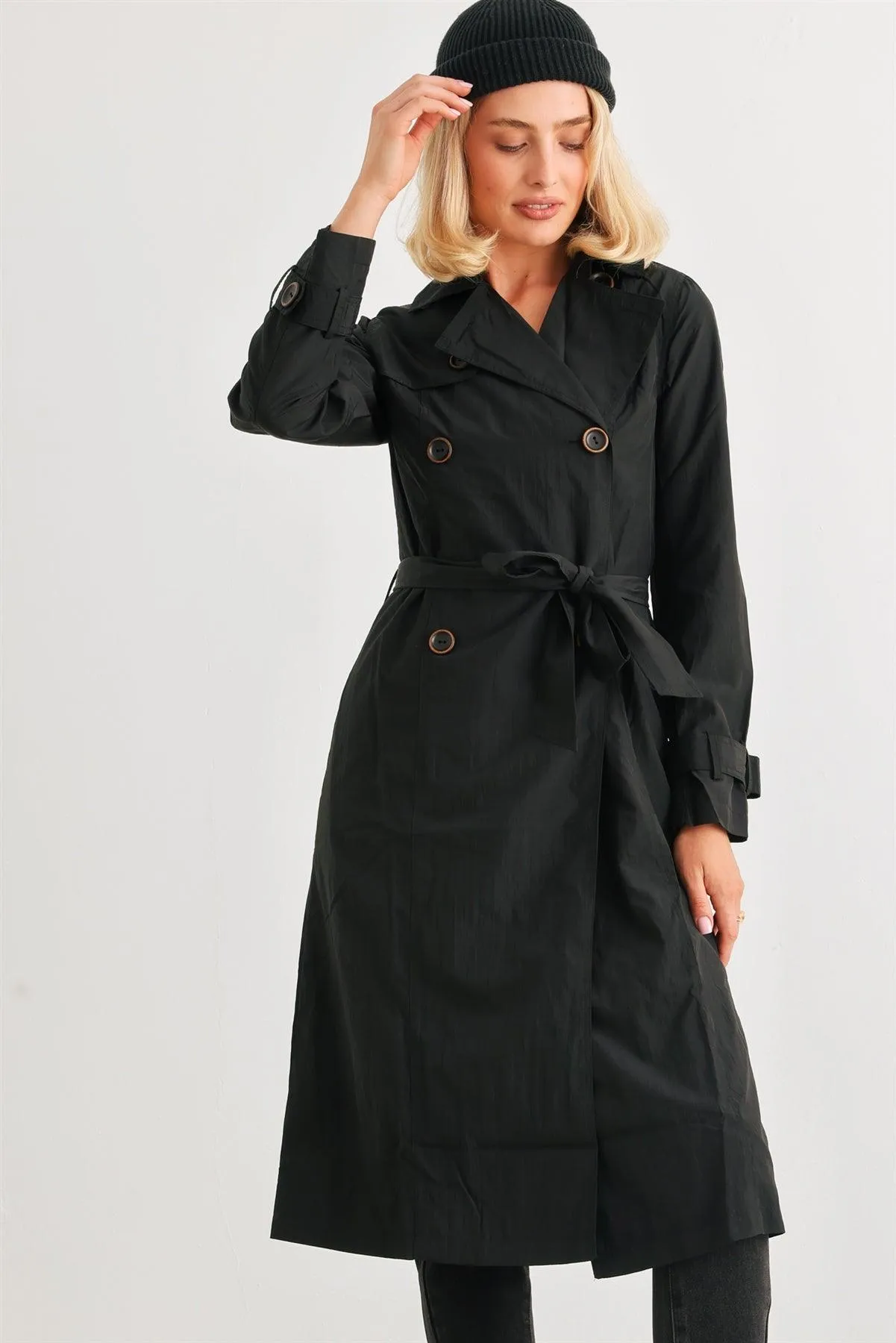 Black Double-Breasted Two Pocket Belted Collared Neck Trench Coat