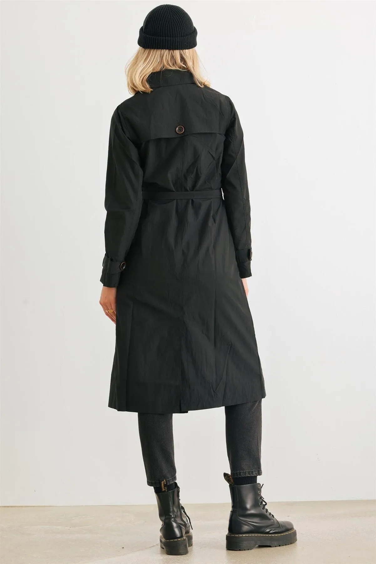 Black Double-Breasted Two Pocket Belted Collared Neck Trench Coat