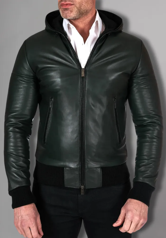 Black Hoodie Leather Biker Jacket for Men With Skull