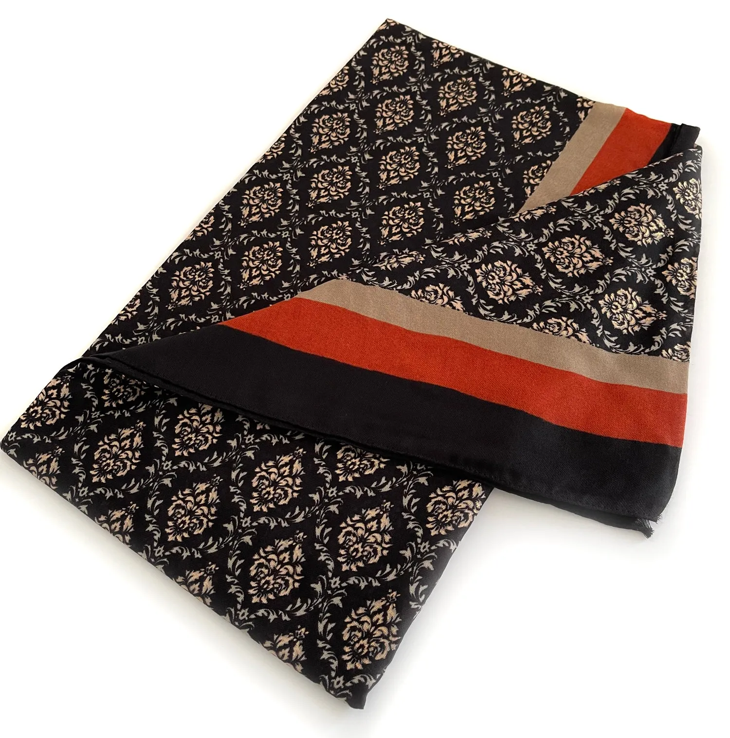 BLACK METALLIC PAISLEY PRINT PASHMINA SHAWL SCARF WITH STRIPES