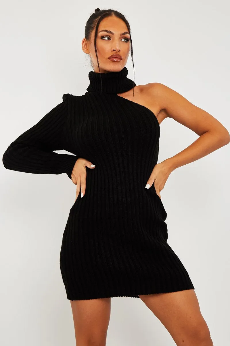 Black One Shoulder High Neck Knit Mini Dress - Elien