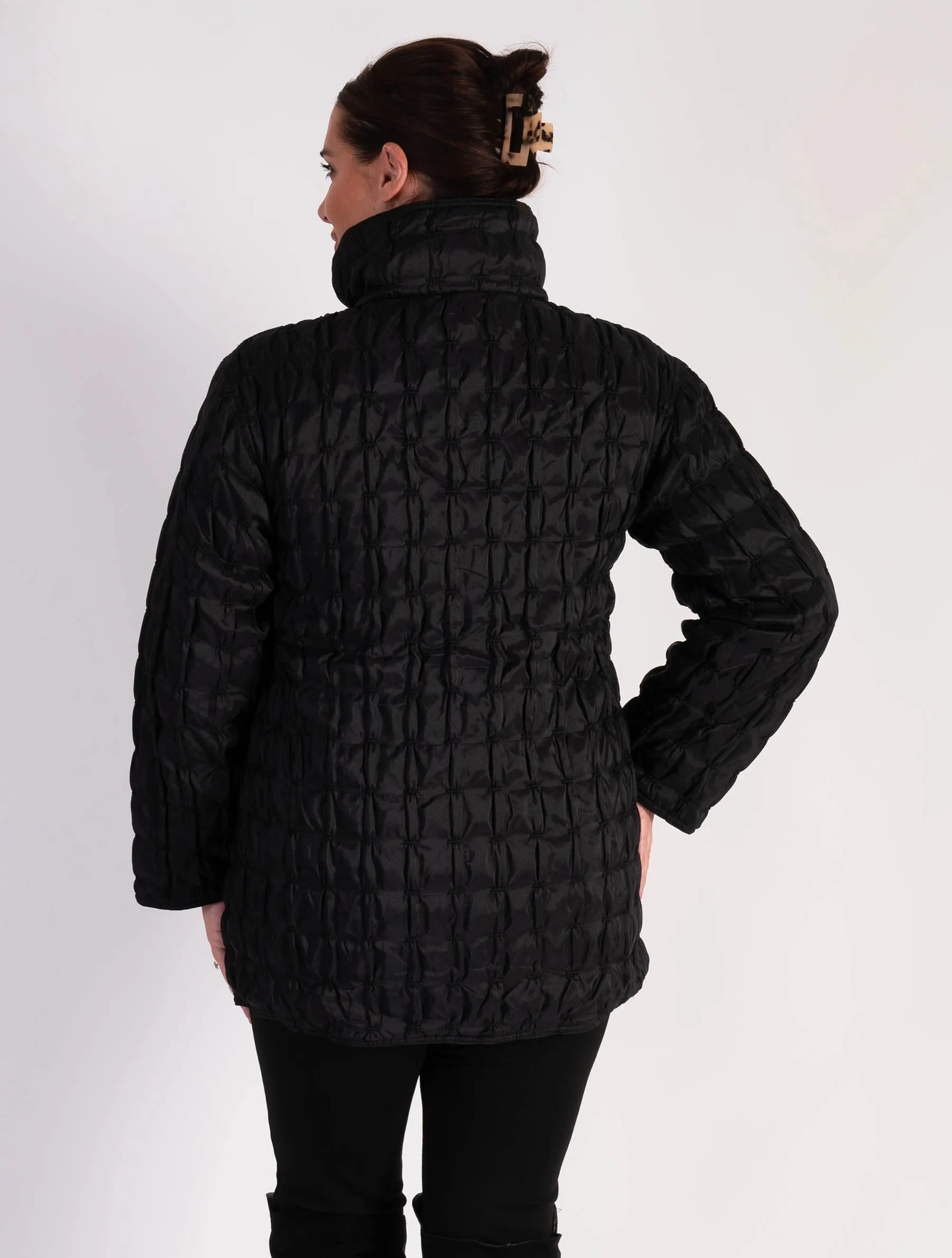 Black/Abstract Spot Print Zip Front Quilted Reversible Jacket