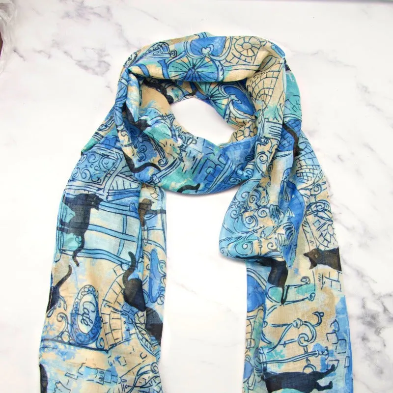 Blue & Yellow Cafe Cats Scarf