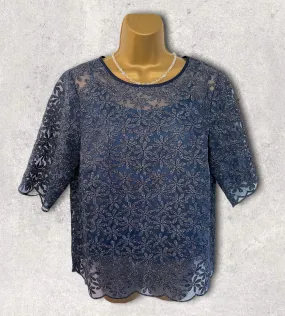 Boden Dark Blue Metallic Floral Organza Top  UK 14 US 10 EU 42