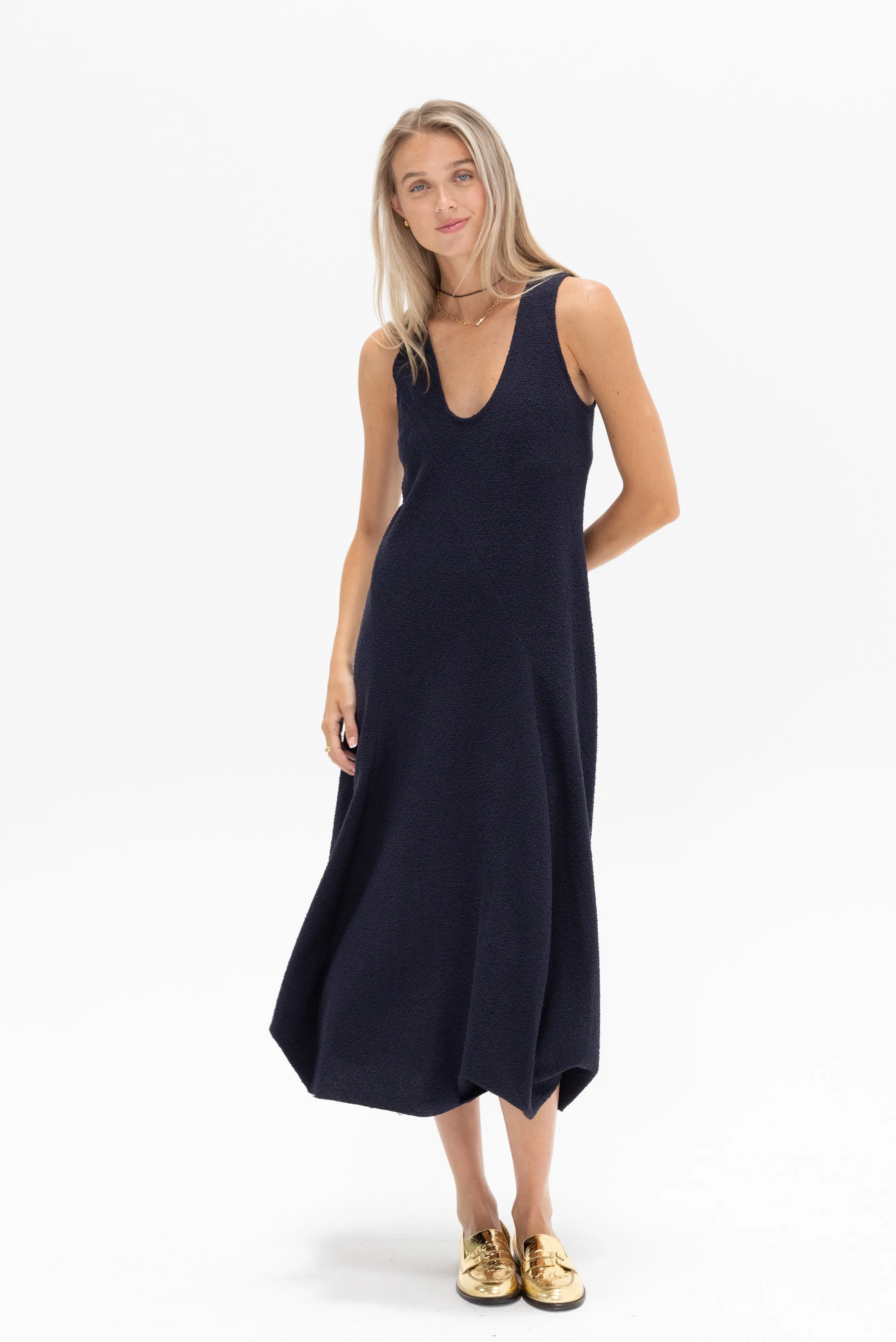 Boucle Knit Tank Tucked Dress, Midnight