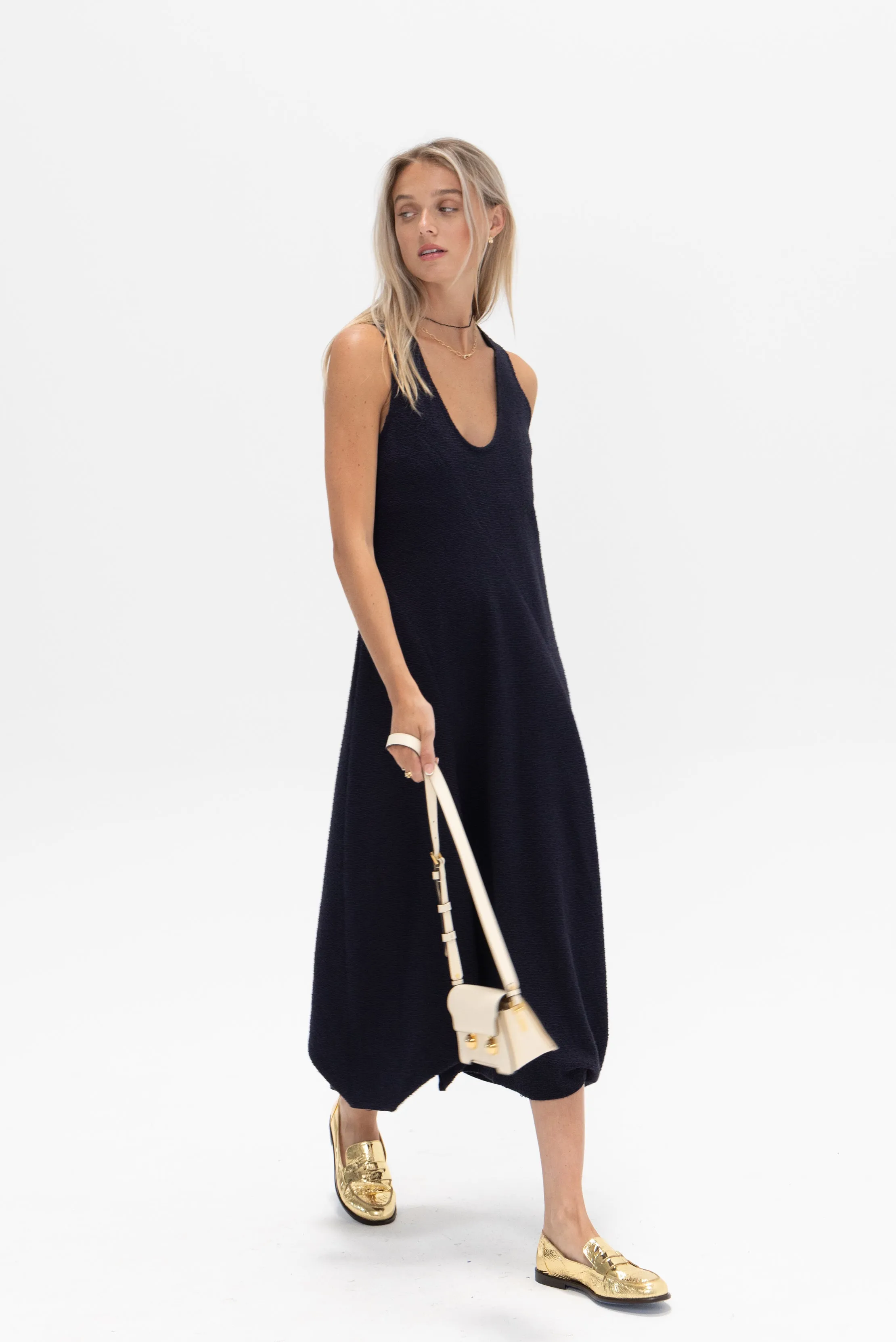 Boucle Knit Tank Tucked Dress, Midnight