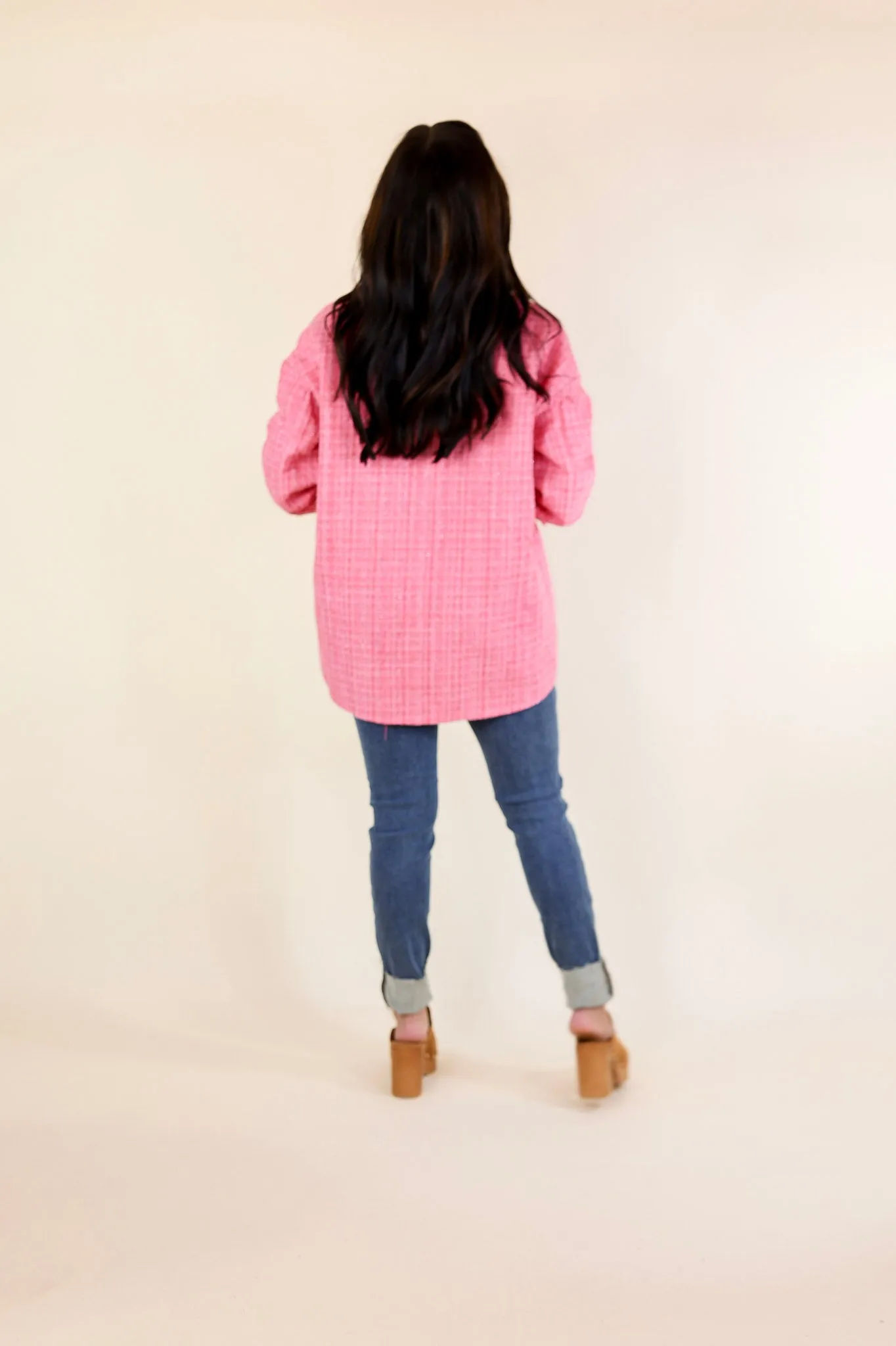 Brooklyn Buzz Pearl Button Up Tweed Shacket in Pink