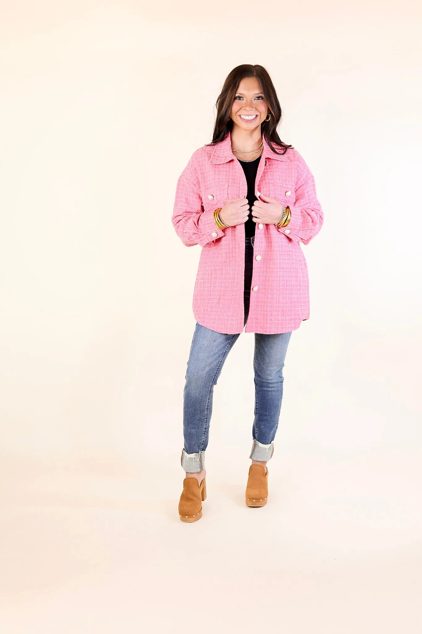 Brooklyn Buzz Pearl Button Up Tweed Shacket in Pink